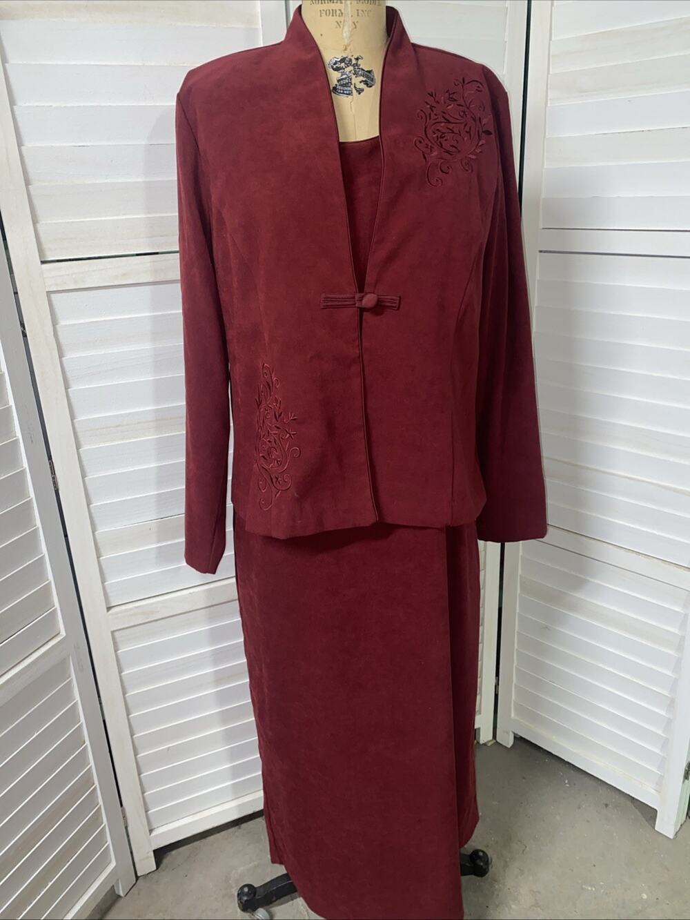 Vintage Miss Dorby Faux Suede 2-PC Jacket & Dress Set Maroon Sz 14 Pencil Sheath